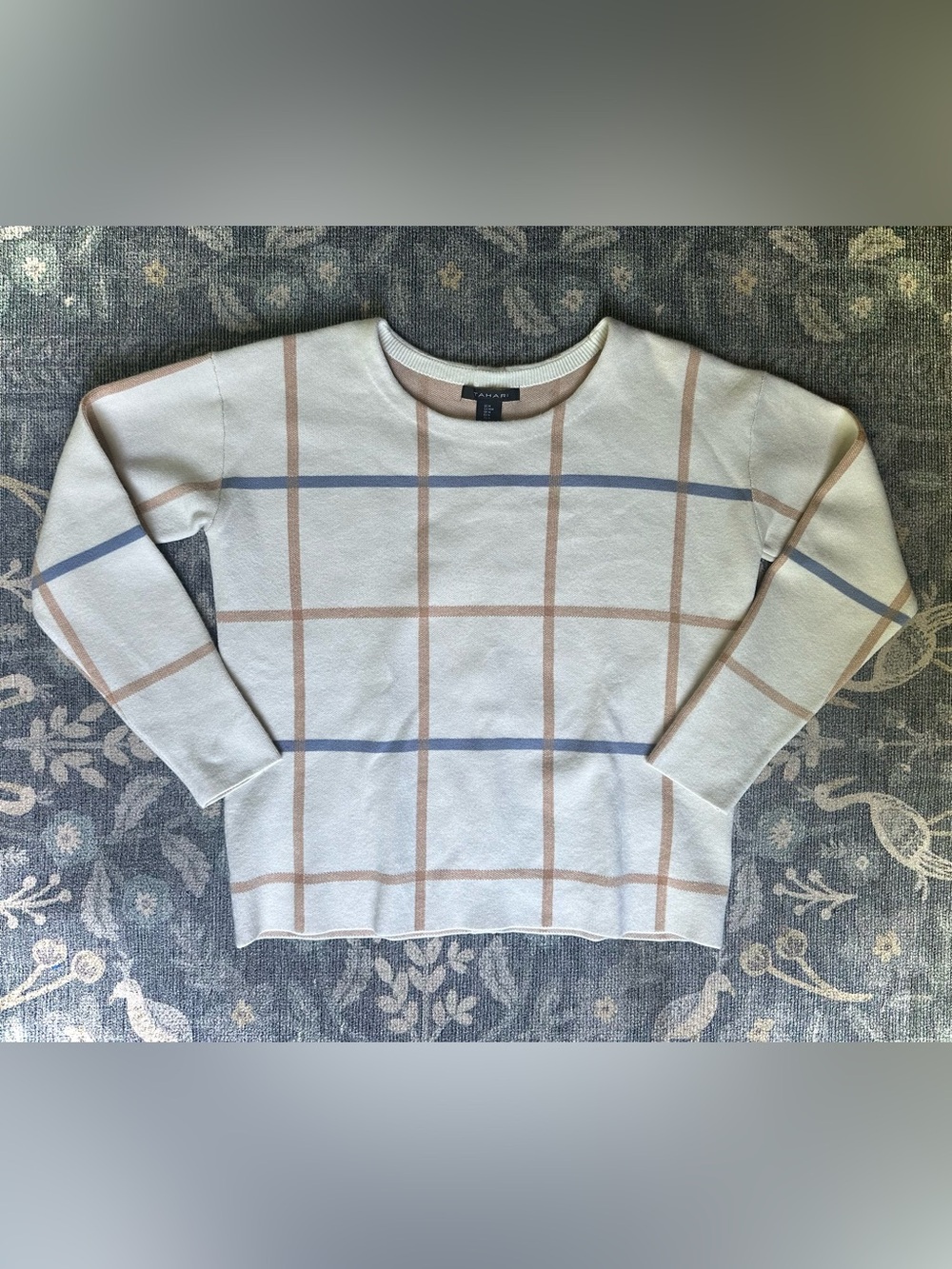 Tahari Cream Blue Beige Grid Plaid Button Back Crew Sweater M